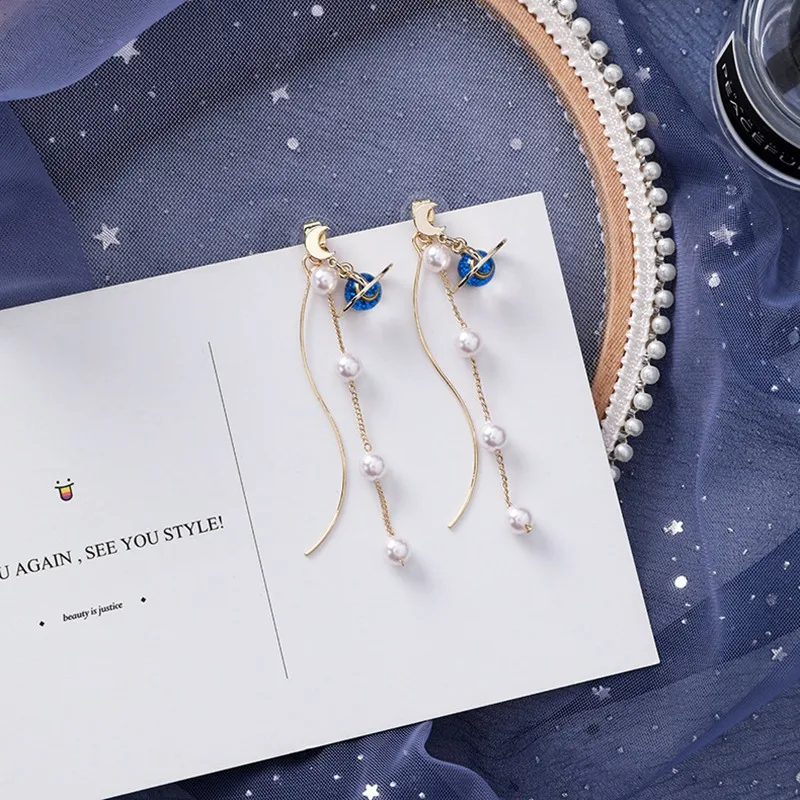 2019 корейские серьги длинные висячие планета для женщин букле d'oreille femme имитация