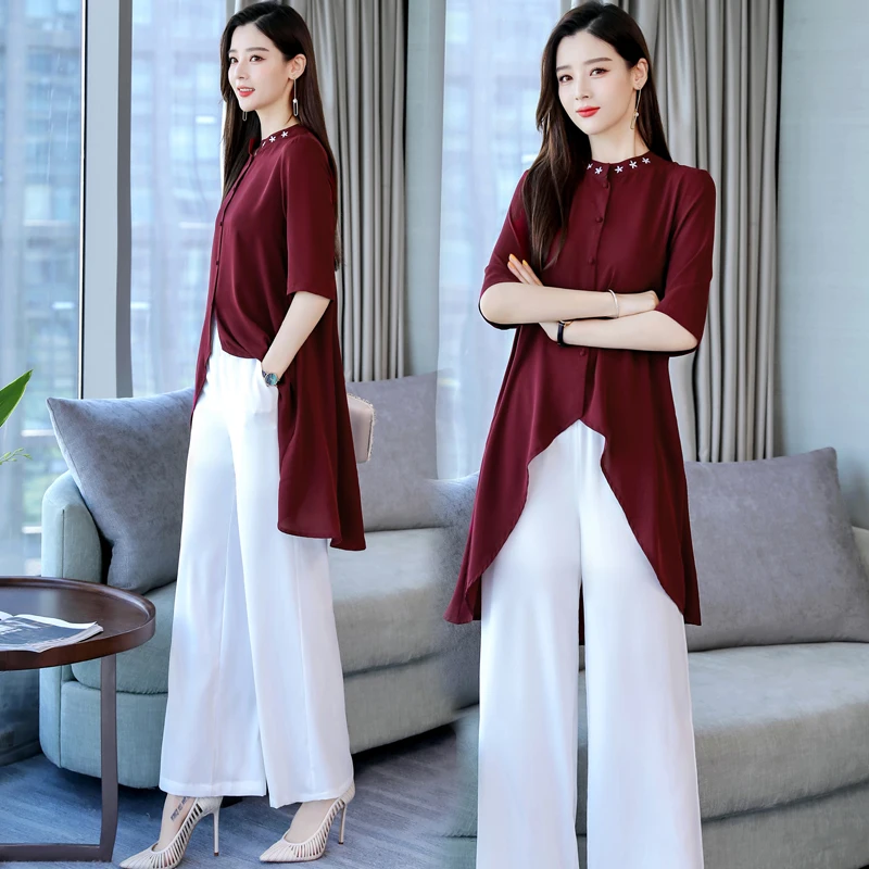 

New Arrival Summer 2019 Lady Solid Long Chiffon Suits Elegant Female Two Pieces Shirt With Pants Free Shipping