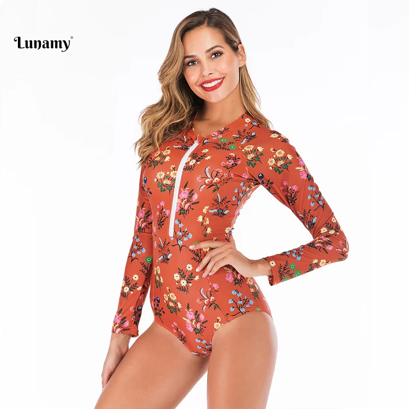 Lunamy, винтажный Цельный купальник с принтом, слитный купальник, Maillot De Bain Femme, сексуальный купальник на молнии спереди, женский купальник