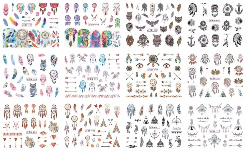 24 листа смешанных наклеек для ногтей водная наклейка Ловец снов милые животные