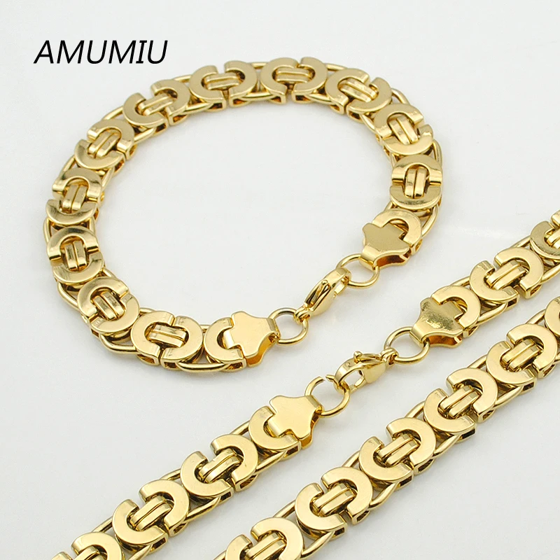 AMUMIU Мужская Золотая цепочка из нержавеющей стали ожерелье браслет набор плоские