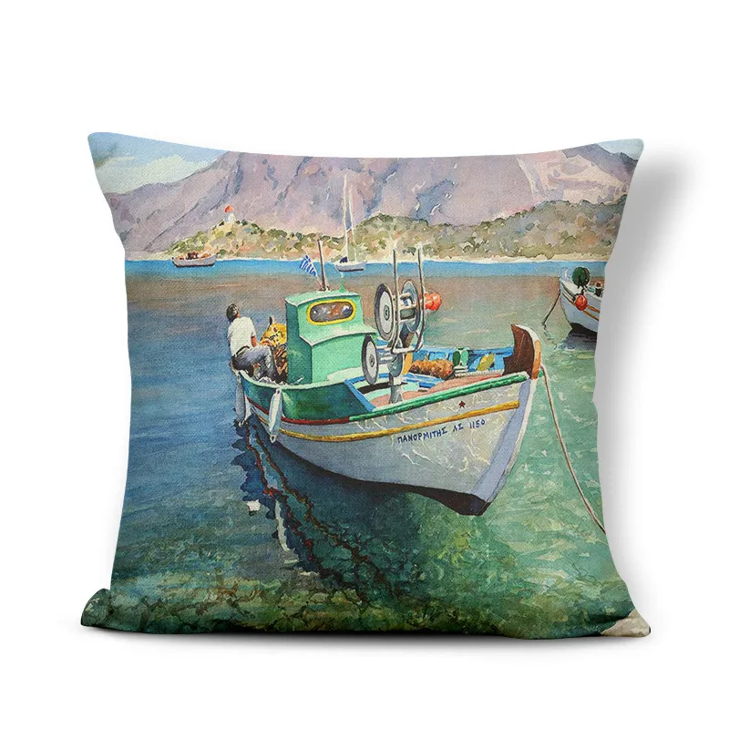 Эгейское море, пейзаж, подушки, акварель, греческий, наволочки, чехол, океан, яхта, дом, подушка с чехлом, 17,7 дюймов, мешковина, необычная