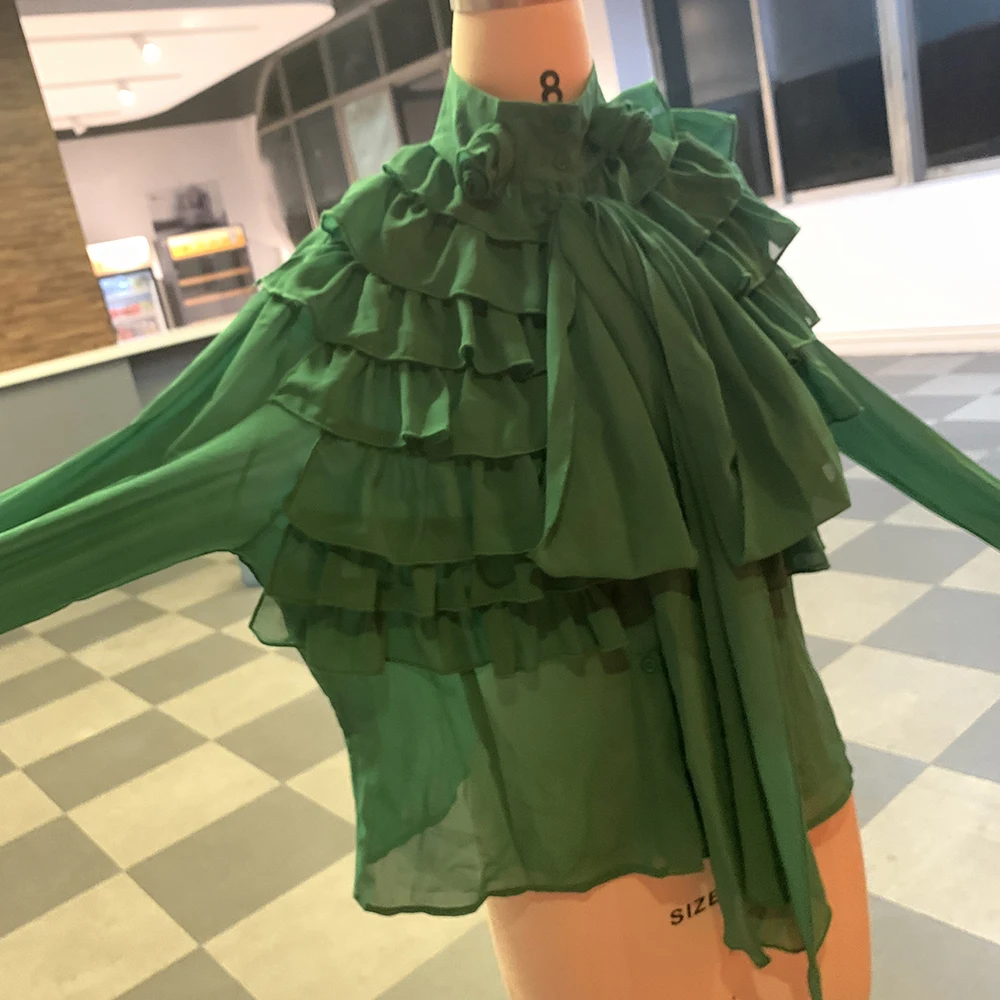 Женская блузка с длинным рукавом Falbala летняя зелеными оборками 2019 | одежда