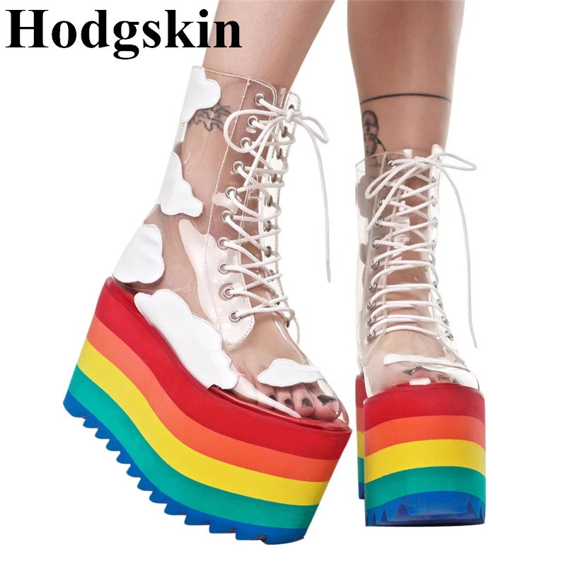 Новая обувь на толстой подошве радужной расцветки женские модные ботинки из