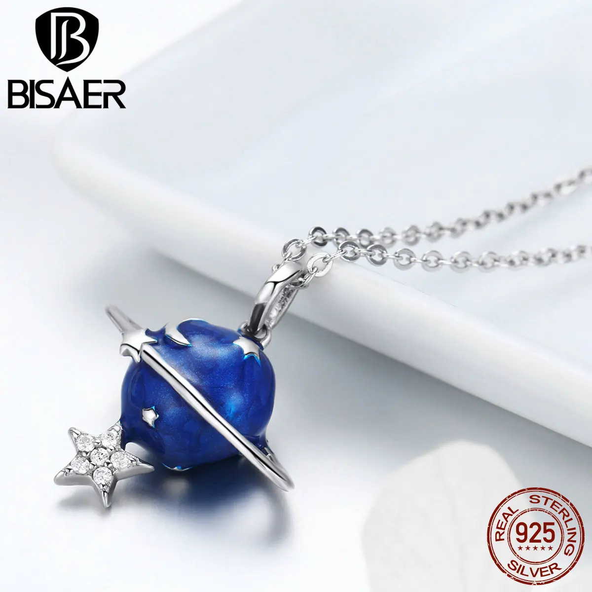 BISAER 925 пробы серебро галактика серия синяя эмаль планета Подвеска Ожерелье для женщин серебряная цепочка воротник Argent Bijoux GAN007