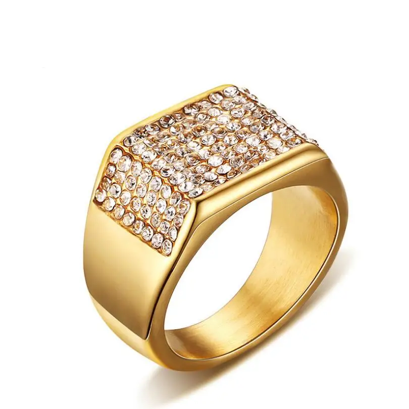 Хип хоп Микро фианиты Iced Out Bling Square Ring Для мужчин ip gold filled Титан Нержавеющая сталь