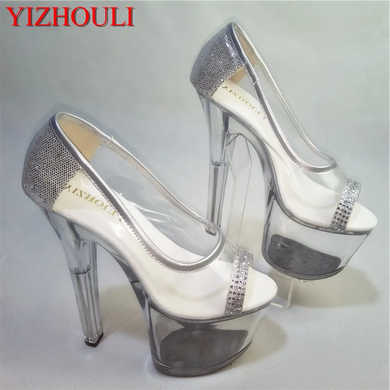 spring new waterproof platform female shoe fish mouth transparent crystal single shoes 17cm high heels and Dance Shoes