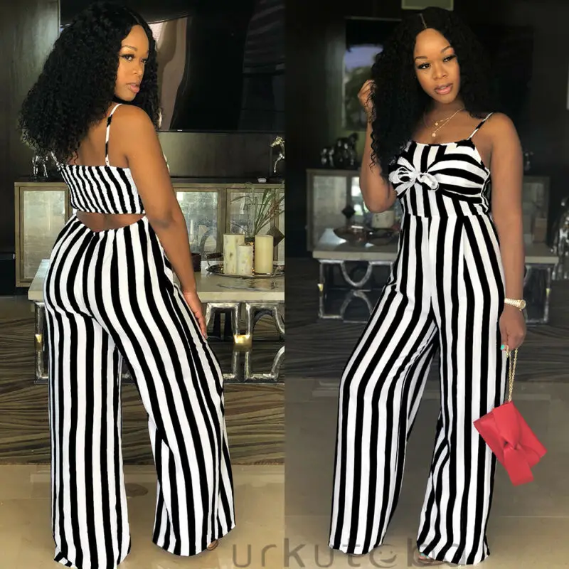 

US Women Sleeveless Stripe Playsuit Ladies Summer Romper Long Jumpsuit Trousers