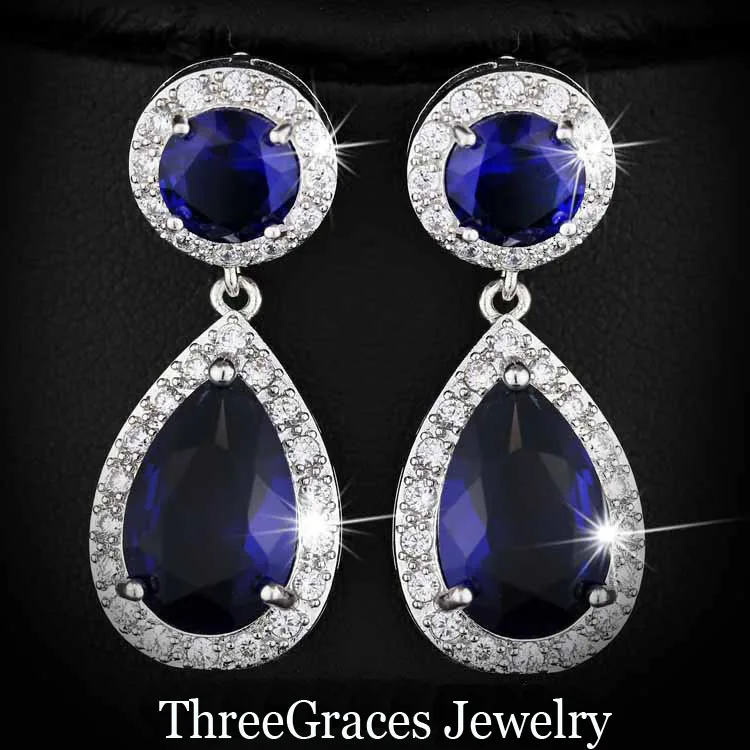 ThreeGraces, модные серебряные серьги с зеленым кубическим цирконием, круглые и большие висячие длинные серьги для женщин ER017 - Окраска металла: Royal Bule
