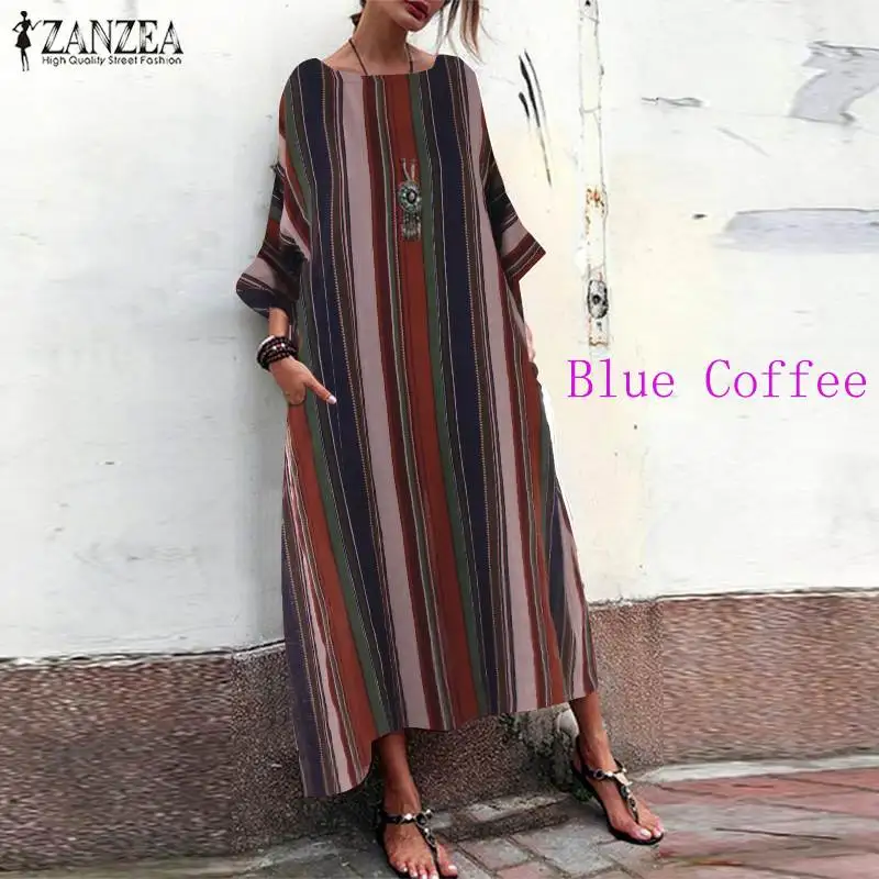 Blue Coffee Богемное Полосатое Макси платье ZANZEA, женский летний сарафан, модное повседневное свободное платье с рукавом 3/4, женская пляжная туника, Халат - Цвет: Blue Coffee