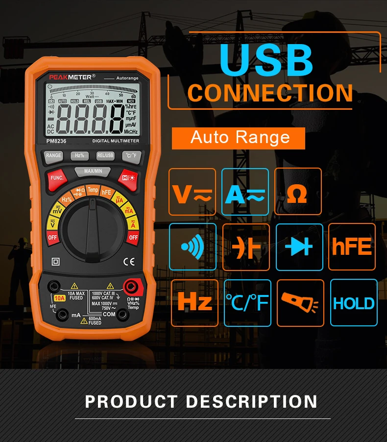 Официальный PEAKMETER PM8236 авто ручной Диапазон Цифровой мультиметр с TRMS 1000V Температура Емкость Частота тест