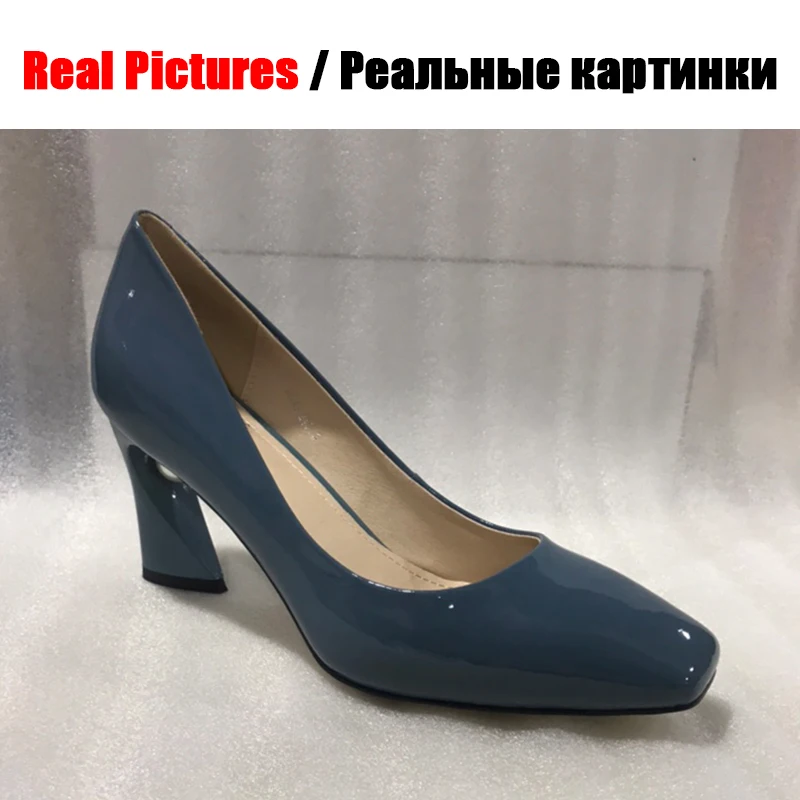 BONJOMARISA/Новые модные однотонные туфли из натуральной кожи на высоком квадратном каблуке без застежки женские весенние туфли-лодочки в сдержанном стиле Большие размеры 33-43