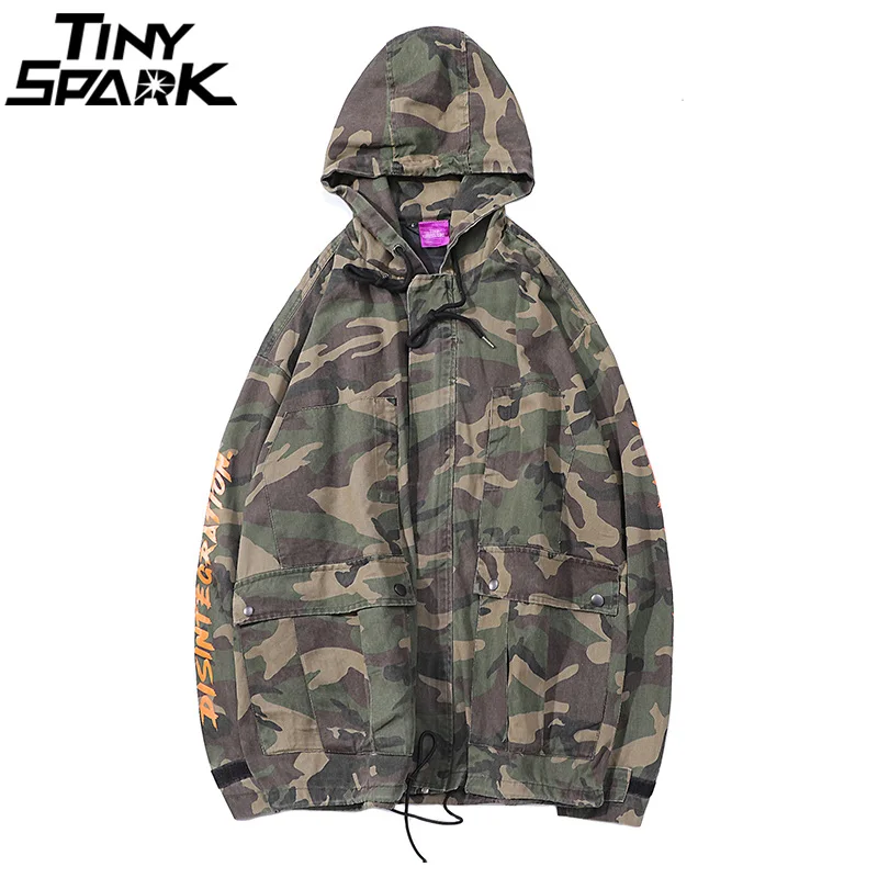 Mens Hip Hop Hooded Jacket Windbreaker Harajuku Vintage Camo Hoodie Jackets Coat Autumn 2018 Camouflage Washed Denim Streetwear | Мужская