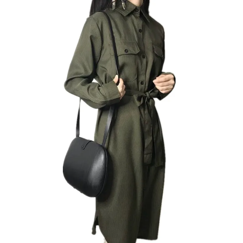 Осенние платья в полоску новинка 2018 зеленые с длинным рукавом и отложным