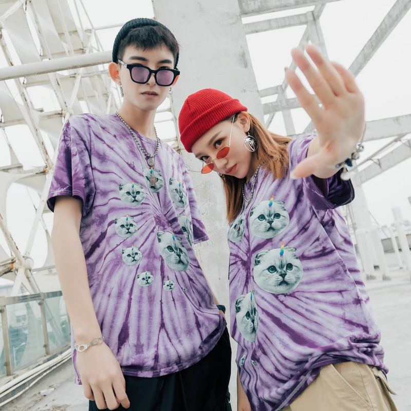 Кошка с принтом пейсли Tie Dye футболки Для женщин Круглый шеи хип хоп футболка
