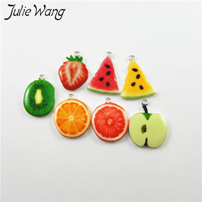 Julie Wang 10pcs Green Apple Kiwi Orange Strawberry Cute Fruit Shape Enamel Alloy Little Charms Women Jewelry Findings Hot Sale