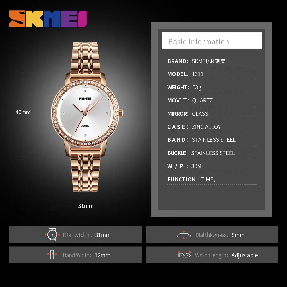 

SKMEI New Fashion Women Watches Bracelet Watch Ladies Stainless Steel Quartz Time Wristwatches Waterproof Relogio Feminino 1311