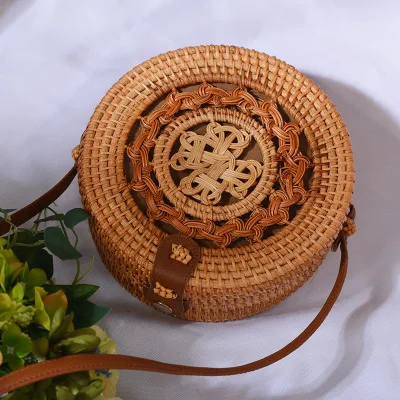 zhongguojie18x8cm INS популярная женская пляжная сумка ручной работы, круглая соломенная сумка на плечо, летняя плетеная Сумка из ротанга, женская сумка-мессенджер - Цвет: zhongguojie18x8cm
