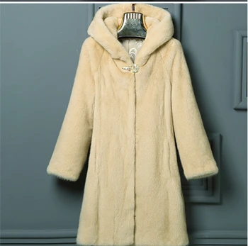 beige Норковая цельная меховая женская длинная шуба, Зимняя Толстая тонкая теплая Датская Женская норковая шуба, длинная куртка с капюшоном - Цвет: beige