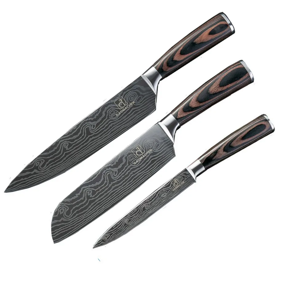 3 pcs-02 Дамасские кухонные ножи, ножи из нержавеющей стали, цветные ножи с деревянной ручкой для очистки овощей, сантоку, нож для нарезки повара - Цвет: 3 pcs-02