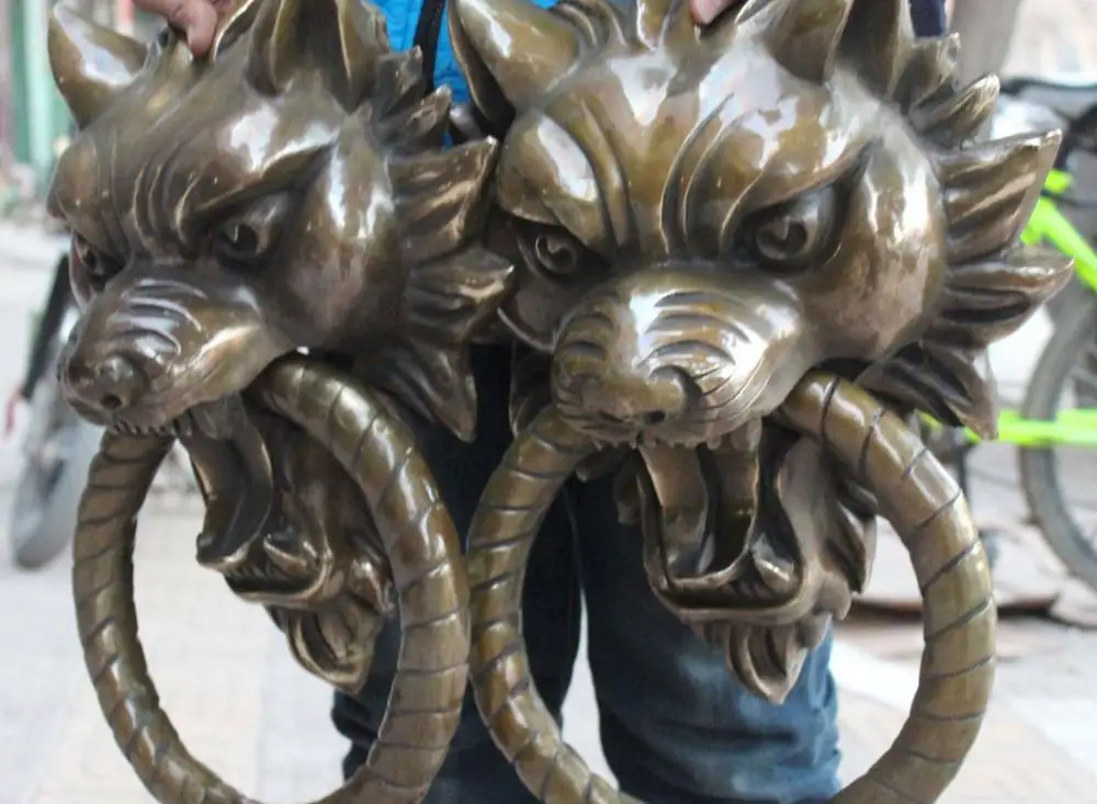 17" Chinese BRASS Guardian Foo Fu Dog Lion Head Knocker Doorknocker Statue Pair | Дом и сад
