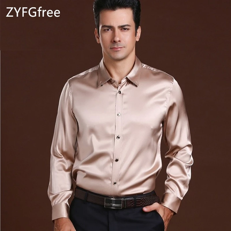 100% шелк Бизнес Для мужчин шелковая рубашка с длинным рукавом стрейч атласные