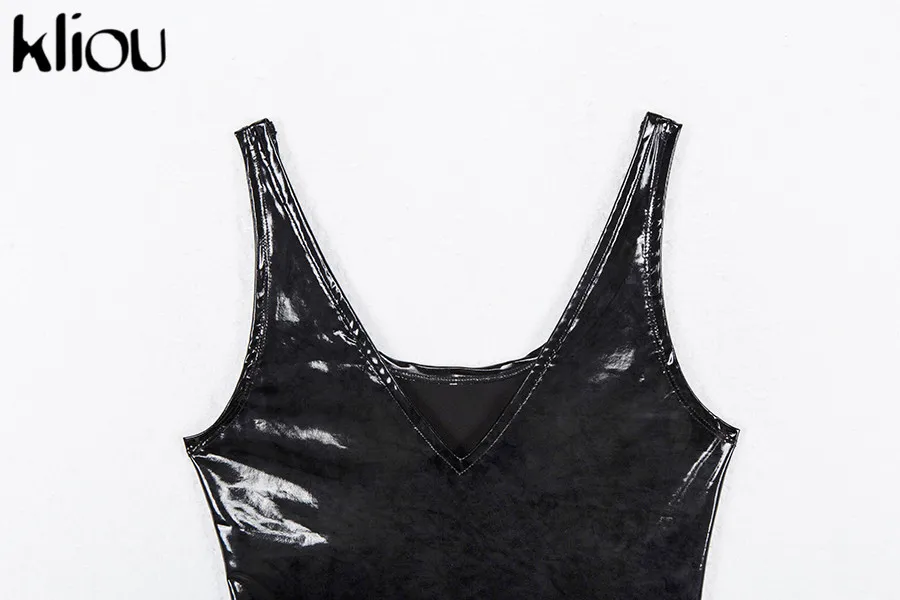 Kliou женский сексуальный боди из искусственной кожи, новинка, сексуальный глубокий v-образный вырез, без рукавов, обтягивающий боди, однотонный черный женский модный комбинезон