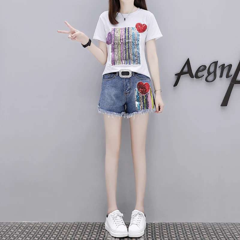 

Summer 2018 new sequins short sleeve T-shirt with jeans two-piece short pants suit Korean fashion casual girl outfit sweatshirt