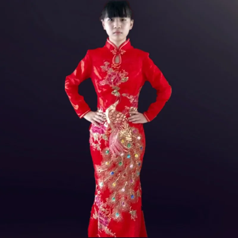 Gules невесты Cheongsam жениться Вечернее Платье Весна длинным Фонд рыбий хвост