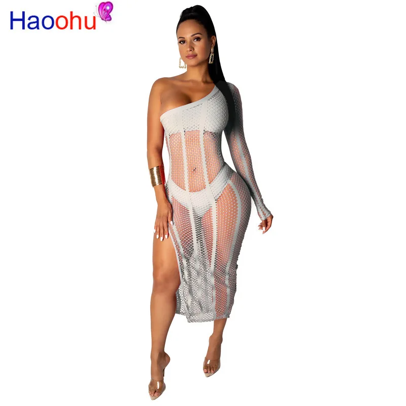 

HAOOHU Summer Black White Fishnet 3 Pieces Set Women Beach Gauze Grid See Though One Shoulder Side Split Midi Dress vestidos