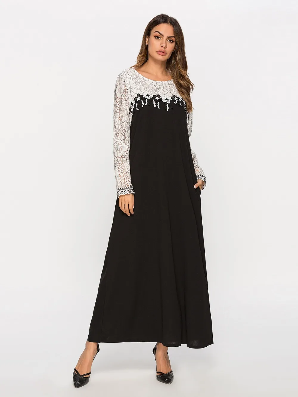 Элегантные кружевные мусульманское платье макси abaya полная длина свободное кимоно длинные халаты Рамадан Ближний Восток арабские Исламская, молитвенная одежда
