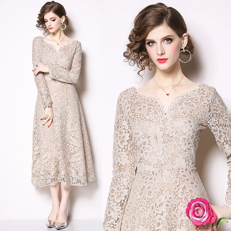 

Plus Size Lace Hollow Dress For Women Fashion V-neck Long Sleeve Slim One Piece Dresses Female