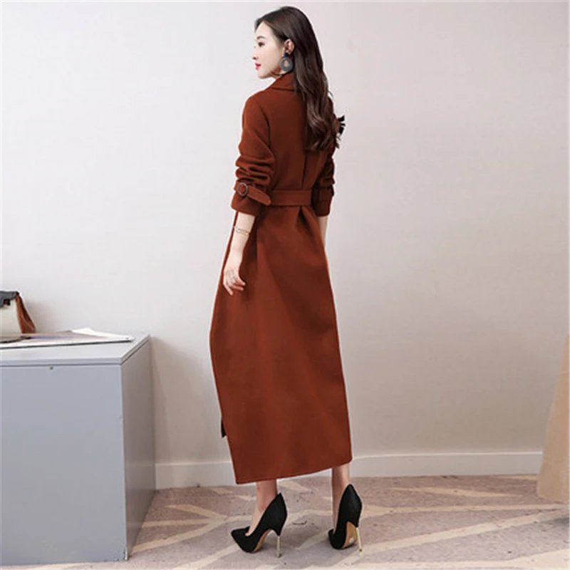 Новинка 2017 осенне зимняя шерстяная куртка женское длинное пальто с поясом модное