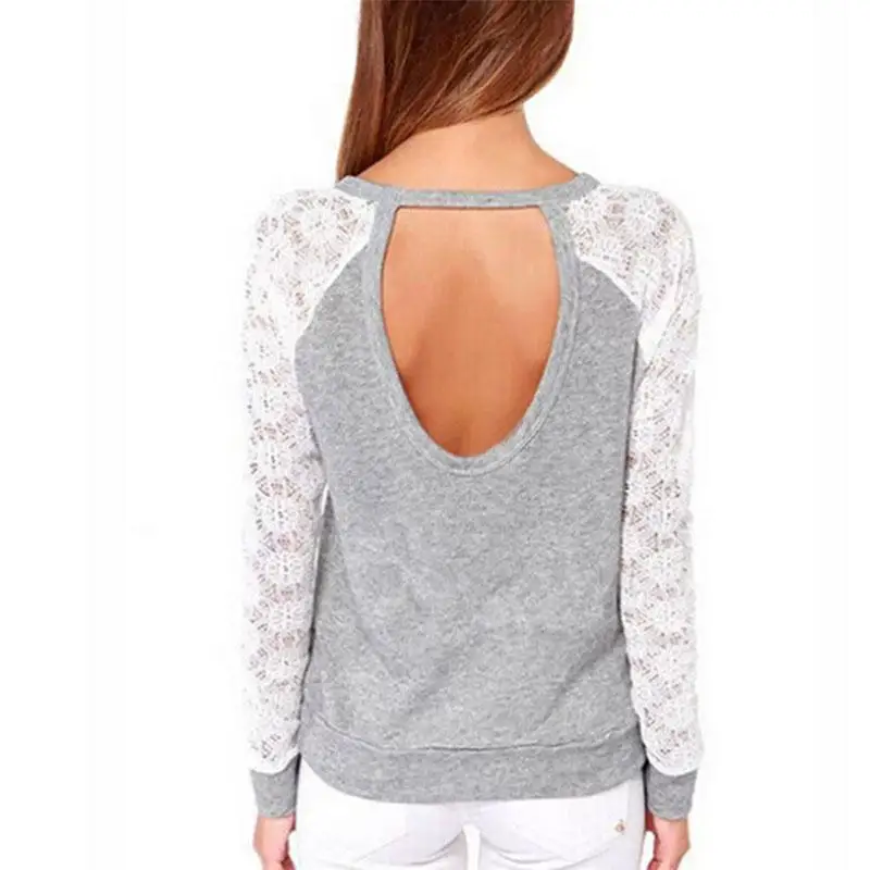 Rogi женская футболка 2019 длинный рукав кружево пэчворк джемпер серая футболки