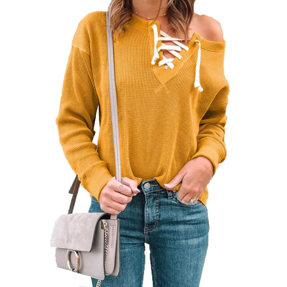 Свитер женский вязаный с длинным рукавом и V-образным вырезом на осень/зиму |