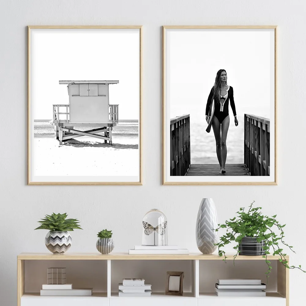 Куадрос доски для серфинга девочек Wall Art Холст Картина спасатель Nordic Плакаты и
