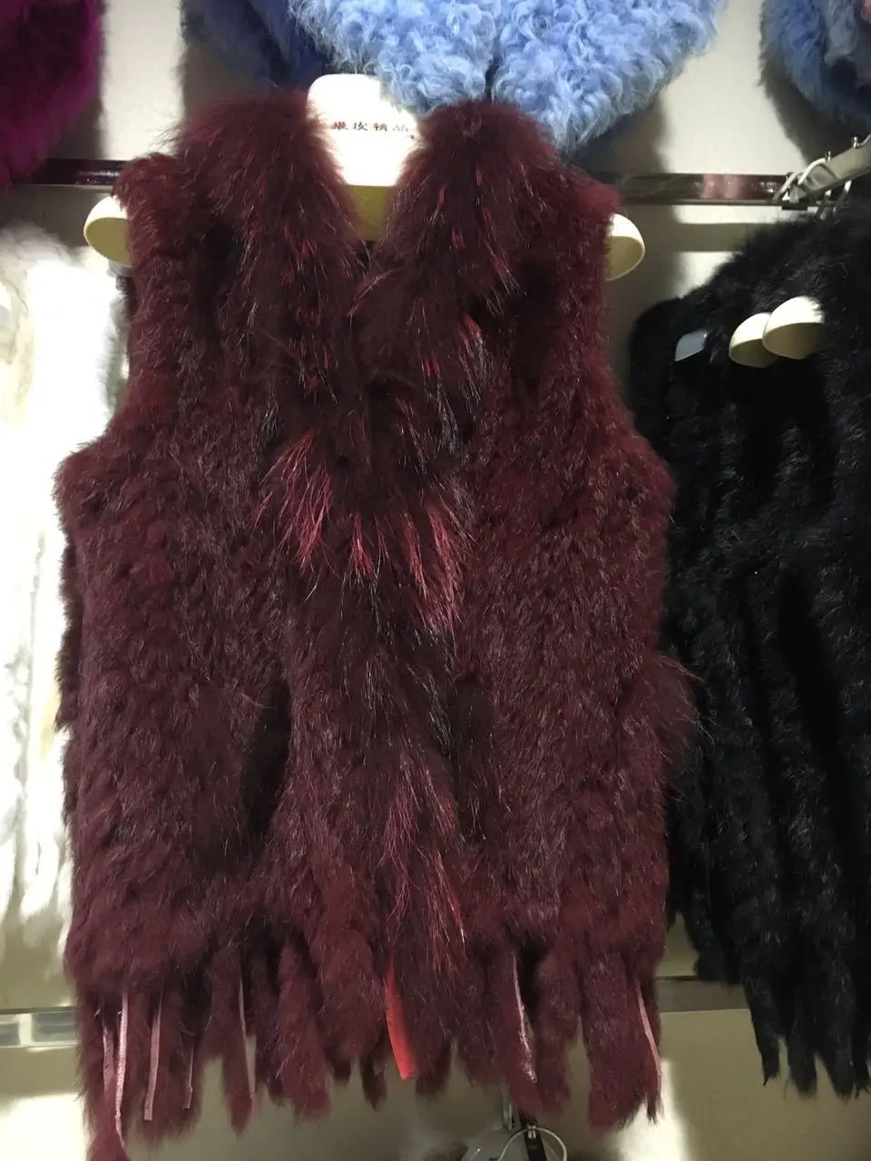 wine red Меховой жилет из кроличьего меха, вязаный жилет, Воротник из меха енота, Цветочный мех, Тканое пальто из меха енота с кисточками, жилет для женщин - Цвет: wine red