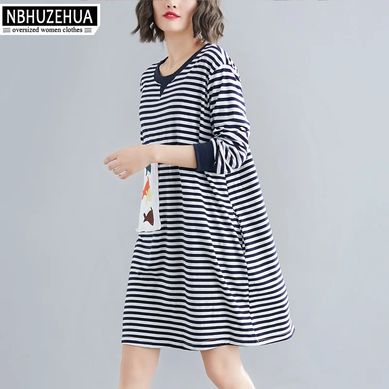 NBHUZEHUA 2019 женское весеннее платье с длинным рукавом мультяшной вышивкой футболка