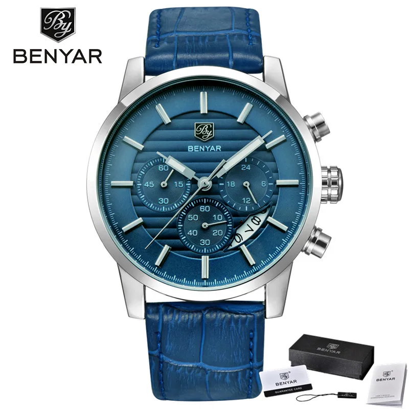 BY510406 with box BENYAR мужские часы с хронографом водонепроницаемые спортивные мужские наручные часы из натуральной кожи Топ брендовые Роскошные военные армейские часы 5104 - Цвет: BY510406 with box