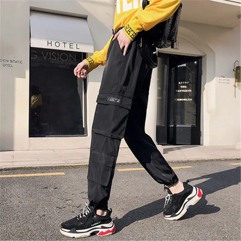 WKOUD Letter Printed Cargo Pants Women Harajuku High Waist Drawstring Streetpants Sexy Fashion Sport Trousers Streetwear P8890 | Женская