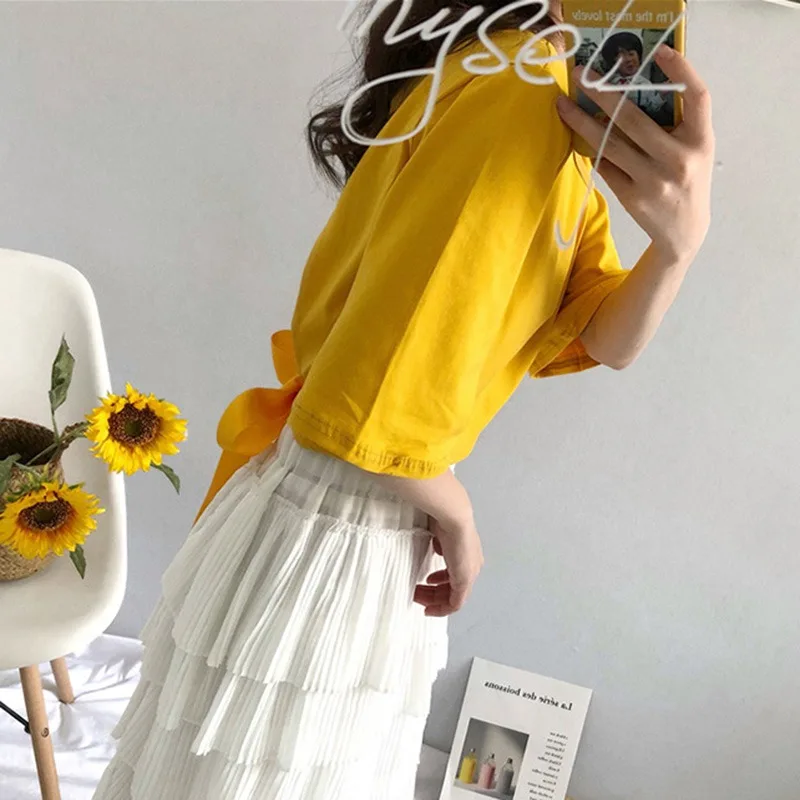 B New T shirt Woman Spring Summer Girls Short Sleeve O Neck Cotton Hollow Out Back Lace Up Fit Soft Women T-shirt harajuku | Женская