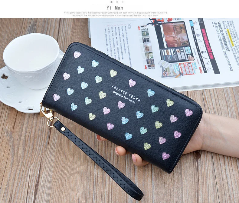 Leather women's wallet New cute Love color hollow large capacity Purses women Solid color purses Long Love zipper female wallet