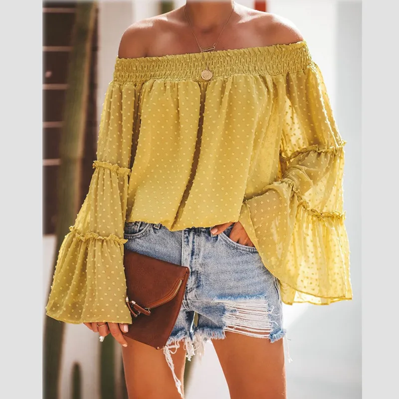 

Women Summer Flare Sleeve T Shirt Casual Off Shoulder Tops Sexy Slash Neck Polka Dot T-Shirt ladies Elegant Loose Oversized Tops