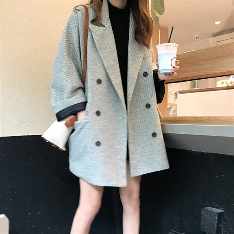 Женская Повседневная двубортная куртка Свободное длинное пальто в Корейском