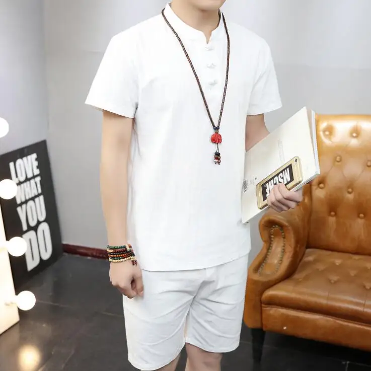 

Hot Summer New Style Men's Short Sleeve Suits Men Large Size cotton and linen Chinese Style T-Shirt Set M-5XL
