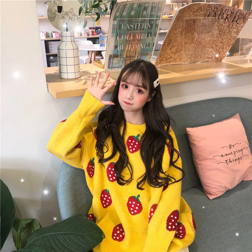 2018 new winter fashion warm knit sweaters women's Korean version of loose strawberry thicken O-neck pullover sweater | Женская