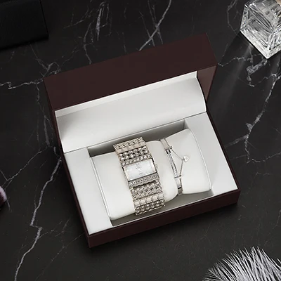 silver 3 шт., высококачественные часы, браслет из нержавеющей стали, модные женские Стразы, квадратный чехол для часов, Подарочная коробка для часов, Набор браслетов - Цвет: silver