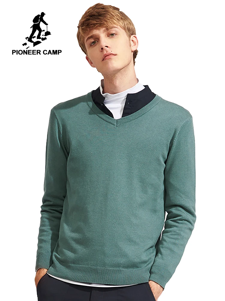 Мужской свитер Pioneer Camp Однотонный с треугольным вырезом на весну осень 566302|sweater