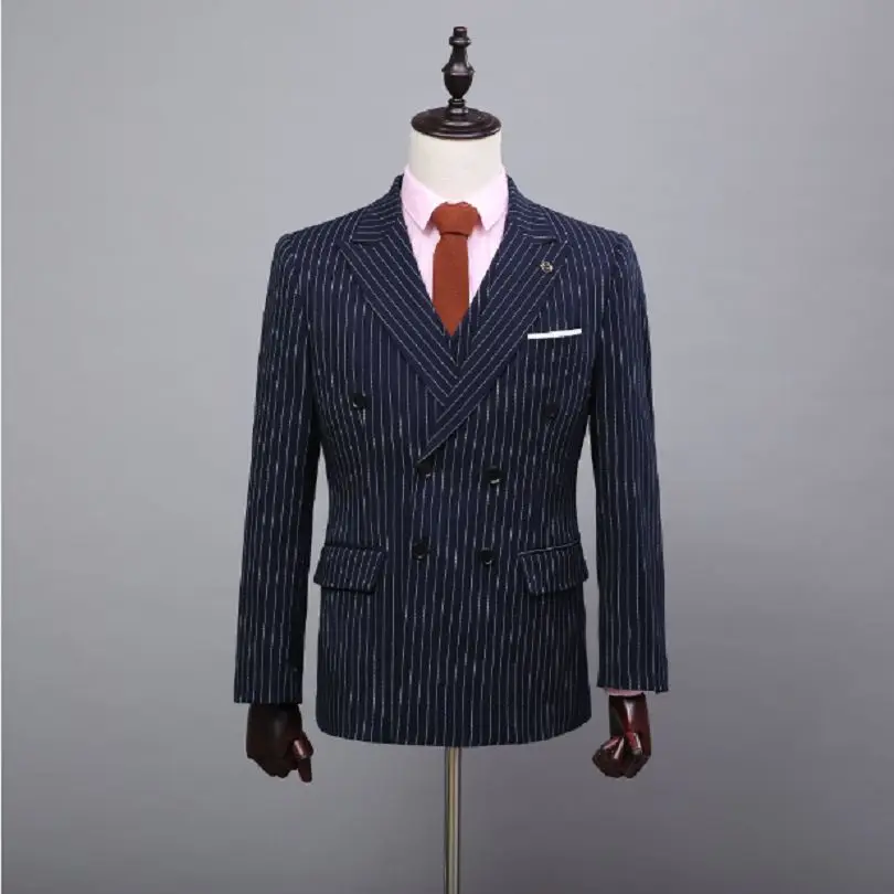 2018 темно синий полосатый Свадебный костюм двубортный деловой для жениха на заказ