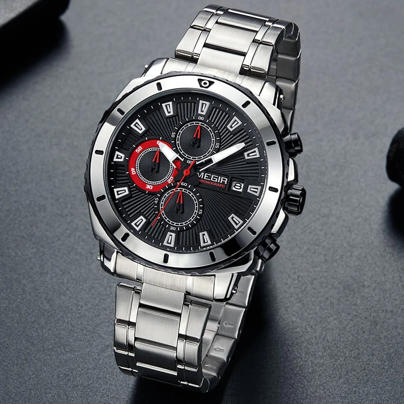 Часы MEGIR Мужские кварцевые Стальные деловые повседневные водонепроницаемые